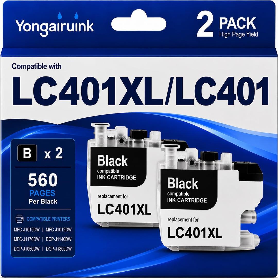 LC401XL Black Ink Cartridges Compatible for Brother MFC-J1010DW, 2 Pack