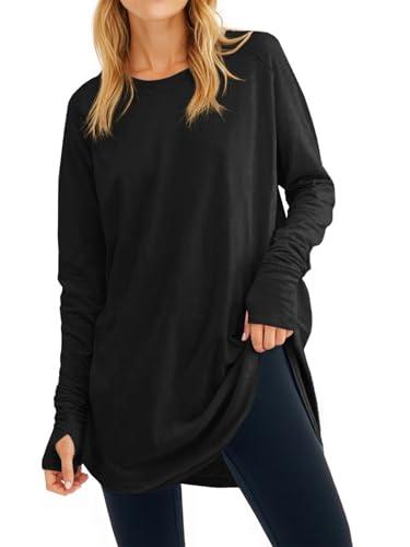 Fisoew Women's Casual Long Sleeve Tops Crew Neck Round Hem Loose T-Shirts Tunic Tops with Thumb Holes Black, Large