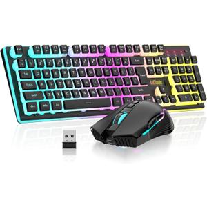 RedThunder K10 Wireless Gaming Keyboard and Mouse Combo, RGB Backlit Rechargeable 3800mAh Battery, Mechanical Feel Anti-ghosting Keyboard with Pudding Keycaps + 7D 3200DPI Mice for PC Gamer (Black) (Black Pudding)
