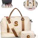 Gifts for Granddaughter-Girl Duffle Bag with Shoe Compartment, Personalized Girl Weekender Bag, Monogram Overnight Bag, Letter Travel Bag with Makeup BagDaughter Friend Gifts (Letter S) (Beige)