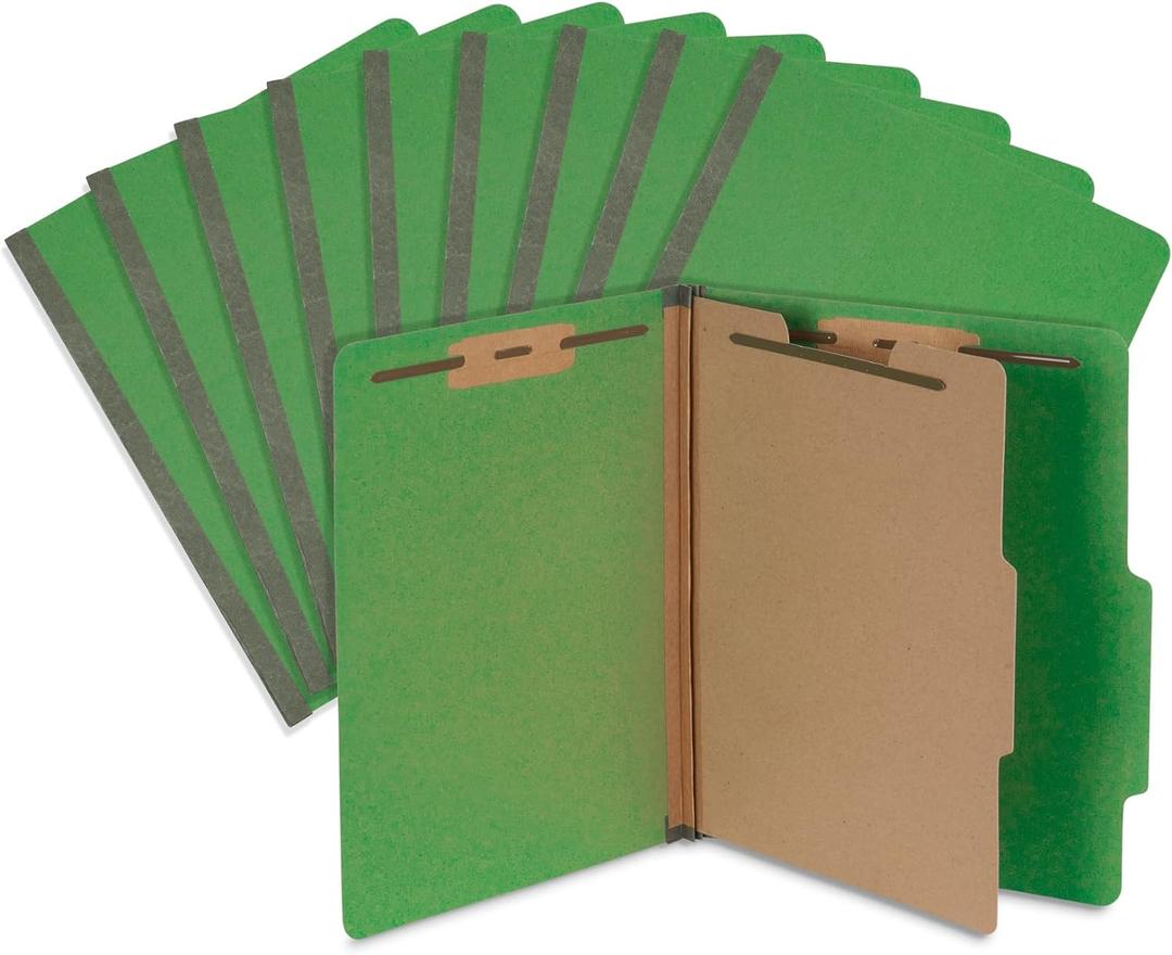 Blue Summit Supplies Classification Folders, 1-Divider, Letter Size, Green, with 2 Inch Tyvek Expansions, Durable 2 Prong Design for Organizing Standard Medical Files & Office Reports, Pack of 10