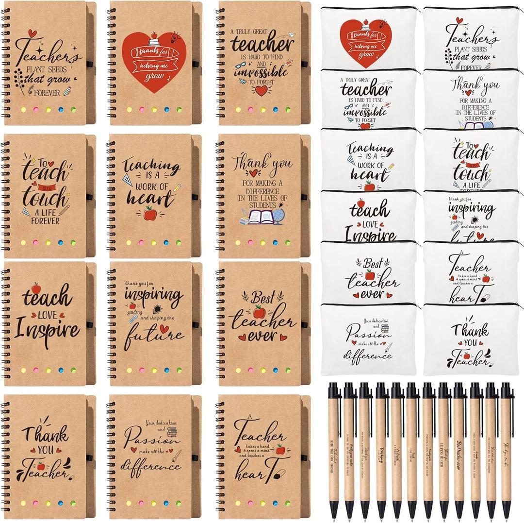 12Set Employee Appreciation Gifts Bulk, Thank You Gift Inspirational Notebook Makeup Bag for Team Volunteer Nurse Coworker Teacher, Cosmetic Bag Notepad with Bamboo Pen Gifts Box (12, Teacher)