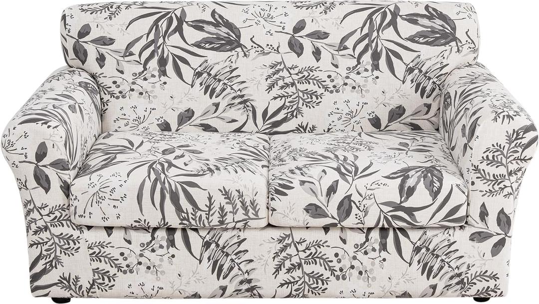 FUANGUI 3 Piece Stretch Sofa Couch Covers for 2 Cushion, Printed Sofa Loveseat Slipcover with 2 Separate Cushion Cover, Floral Washable Slip Covers Furniture Protector (Loveseat, Ink Leaf)
