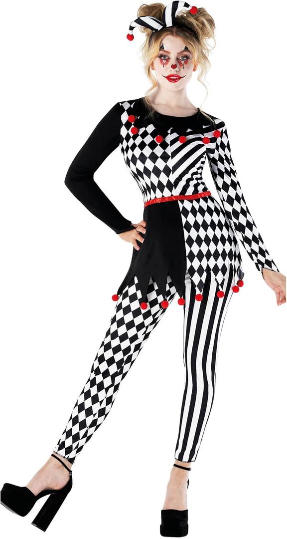Morph Jester Costume Women Creepy Clown Outfit Scary Jester Halloween Costume for Women Fun Party Attire (Small)
