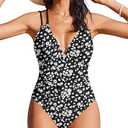 AI'MAGE Womens One Piece Swimsuit V Neck Ruched Bathing Suit Double Straps Crisscross Back Floral Print Swimwear M