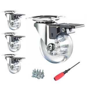 4 Pack 3 Inch Swivel Caster Wheels for Furniture 800Lbs Lockable Heavy Duty Clear Polyurethane Rolling Wheels with 360 Degree Top Plate for Cabinet,Ottoman,Bench(Gel Clear,Not for Chair Legs