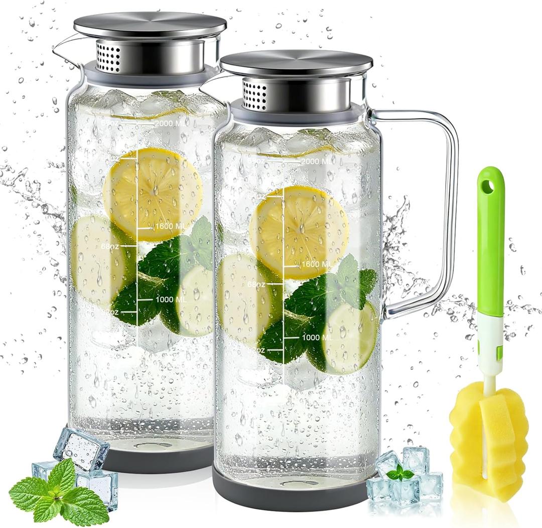 2 Pack Glass Pitchers with Lid and Handle, Large Borosilicate Glass Carafe for Refrigerator 68oz, Heat Resistant Beverage Pitcher for Hot/Iced Tea Juice Milk Coffee with Cleaning Brush & Non-Slip Base (EXP 07/25/26)
