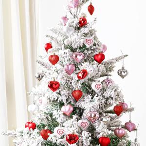 Ivenf Valentine's Day Decor Heart Decorations, 48 Pcs Red Pink Silver White Plastic Heart Tree Ornaments, Christmas Valentine Tree Decorations for The Home Wedding Dinner Gifts Table Tiered Tray Decor