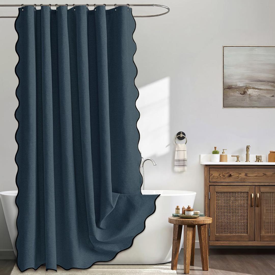 MIULEE 84" Long Scalloped Shower Curtain Linen Textured with 12 Metal Hooks Cute Extra Long Heavy Duty Washable Waterproof Cloth Shower Curtains with Black Border for Bathroom Hotel Bathtub,Navy Blue