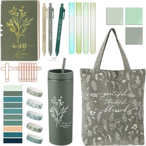 Patelai 29 Pcs Bible Study Supplies Journaling Kit with Easter Christian Cup Tote Bag for Women Gifts Set Friend Sister Mom Church Mother's Day Birthday Gifts(Green)