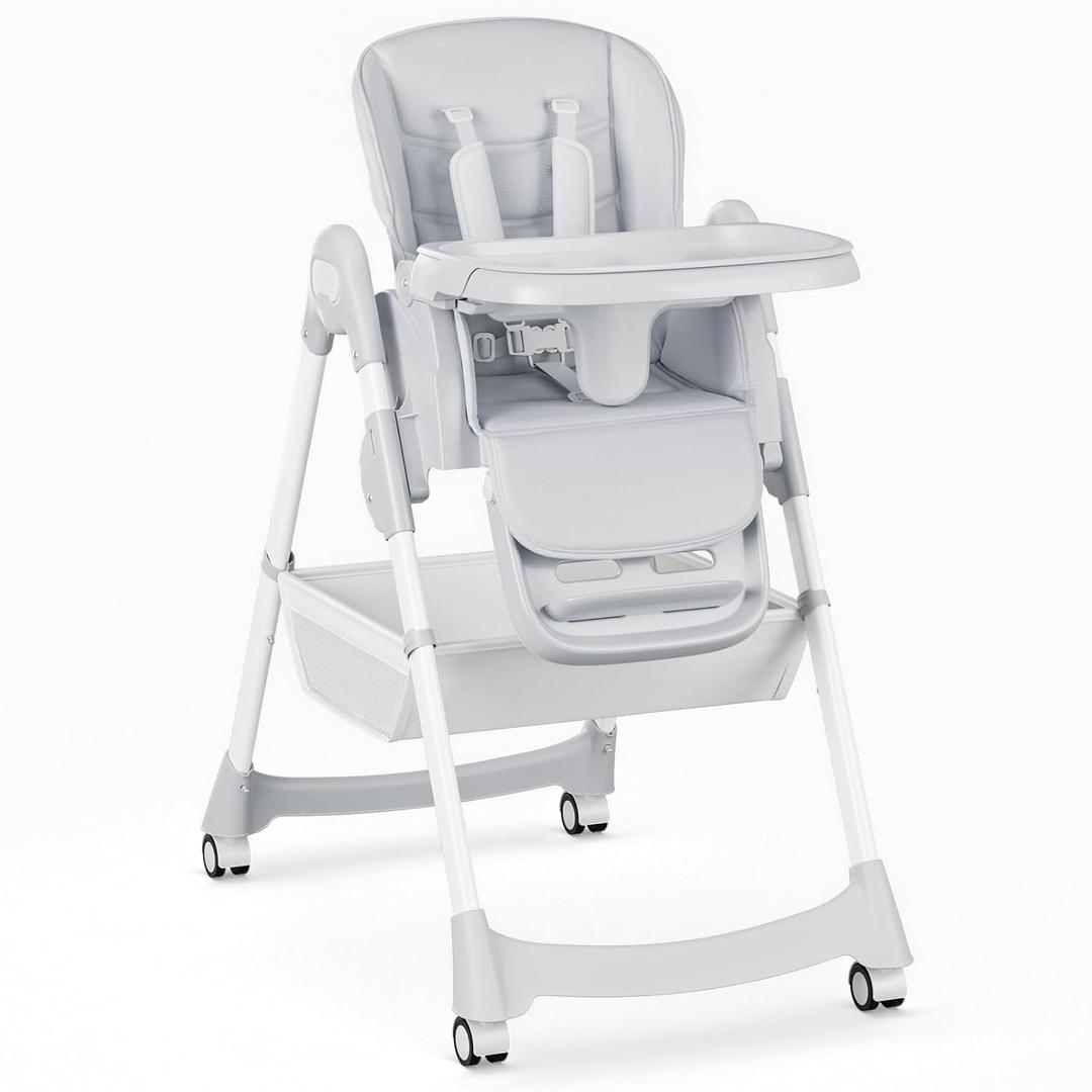 Baby High Chair, Foldable Convertible High Chair for Babies & Toddlers, Adjustable Height & Recline with Removable Double Tray, PU Cushion, Storage Basket, Easy to Clean, Gray
