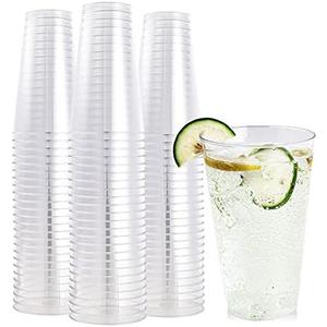 FOCUSLINE 100 Pack 16 oz Clear Plastic Cups, Disposable Cups Large Reusable Plastic Tumblers, Heavy-duty Clear Hard Cups 16 Ounce for Wedding Party, Thanksgiving, Halloween, Christmas