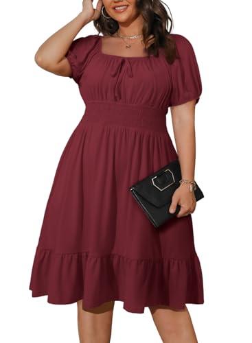 Eytino Women Plus Size Summer Dress Short Sleeve Square Neck Casual Mini Short Dresses Beach Vacation, 2X, Red Dahlia