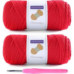 2 Pack T Shirt Yarn for Crocheting with 1 Crochet Hook, Elastic Tshirt Yarn for Crochet Bag/Baskets/Home Decor, Spaghetti Yarn Thick Knitting Yarn Total Length 130 Yds, Weight 14 Oz (Red)