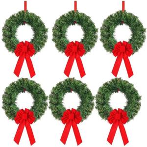6 Pcs Christmas Wreath for Windows 10 Inch Christmas Window Decorations Cabinet Wreaths with Red Bow Greenery Artificial Hanging Garlands for Fireplaces Window Home