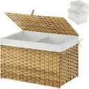GREENSTELL Storage Basket with Lid, 17.2 Gallon(65L) Small Wicker Blanket Storage Basket with Handles, Foldable, 2 Removable Liner Bags, Metal Frame, for Bedroom, Laundry Room, Natural