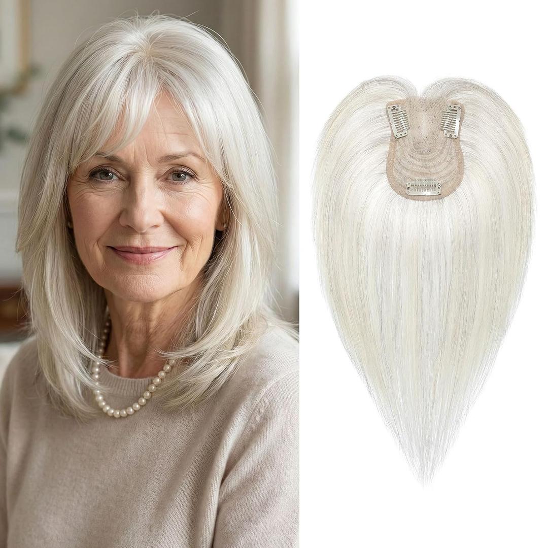 SEIKEA Hair Toppers for Women Real Human Hair with Wispy Bangs, 10" Ultra-light Breathable Hairpiece for 3.5''x2.7'' Mild Thinning Hair, Hand-Tied Scalp Hairpieces for Daily Wear & Gray Hair Coverage