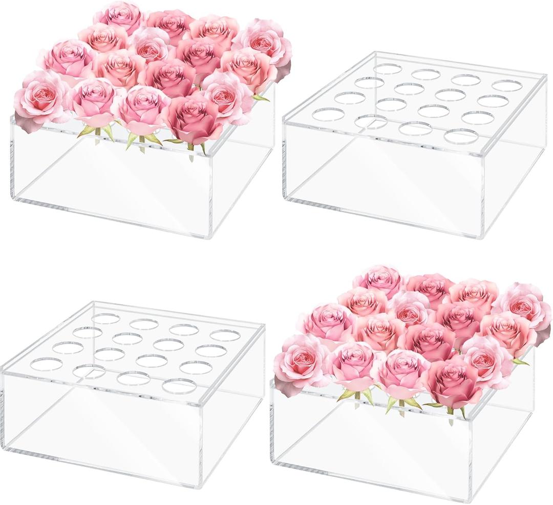 4 Pack Acrylic Flower Vase, Clear Vase, Flower Vases for Centerpieces, Floral Low Vases for Dining Table Reception, Home Party and Weddings, 4 Pack, Square