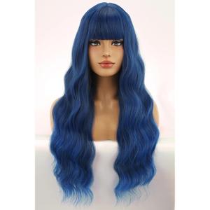 BERON Blue Long Wigs Curly Wavy Women Wigs with Bangs Dark Blue Heat Resistant Synthetic Wigs for Cosplay or Daily Wigs Wig Cap Included
