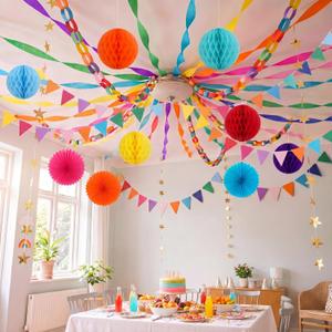 Frienda 300 Sheets Paper Chain Strips Party Decor Crepe Paper Streamers Glitter Star Garlands Backdrop Pennant Banner Honeycomb Balls 10-inch Fan for DIY Wedding Birthday Party Crafts(Colorful)