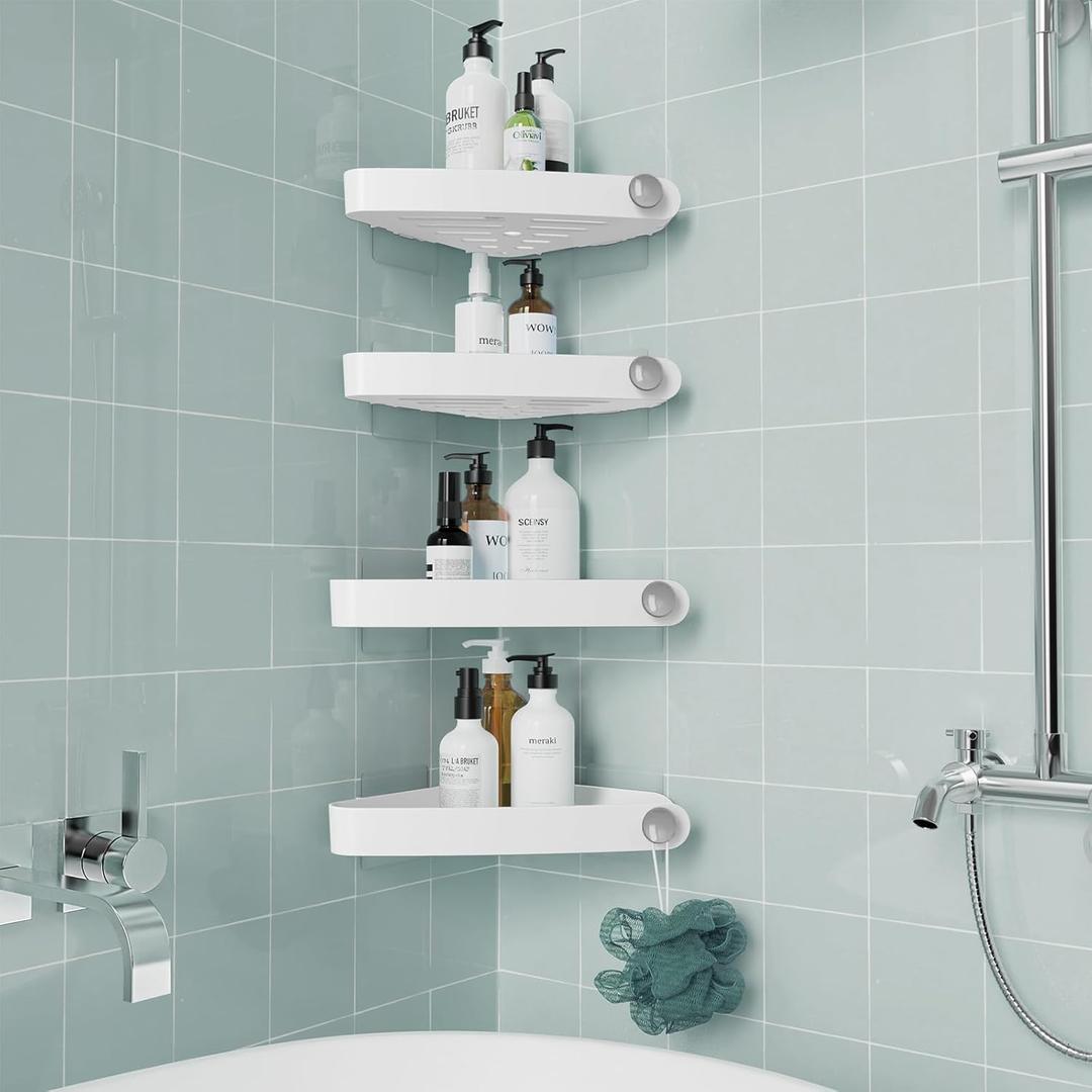Sotfamily Plastic Shower Caddy Corner (for 90° Only), 4 Pack Adhesive Corner Shower Shelves for Bathroom Organizers and Storage, White