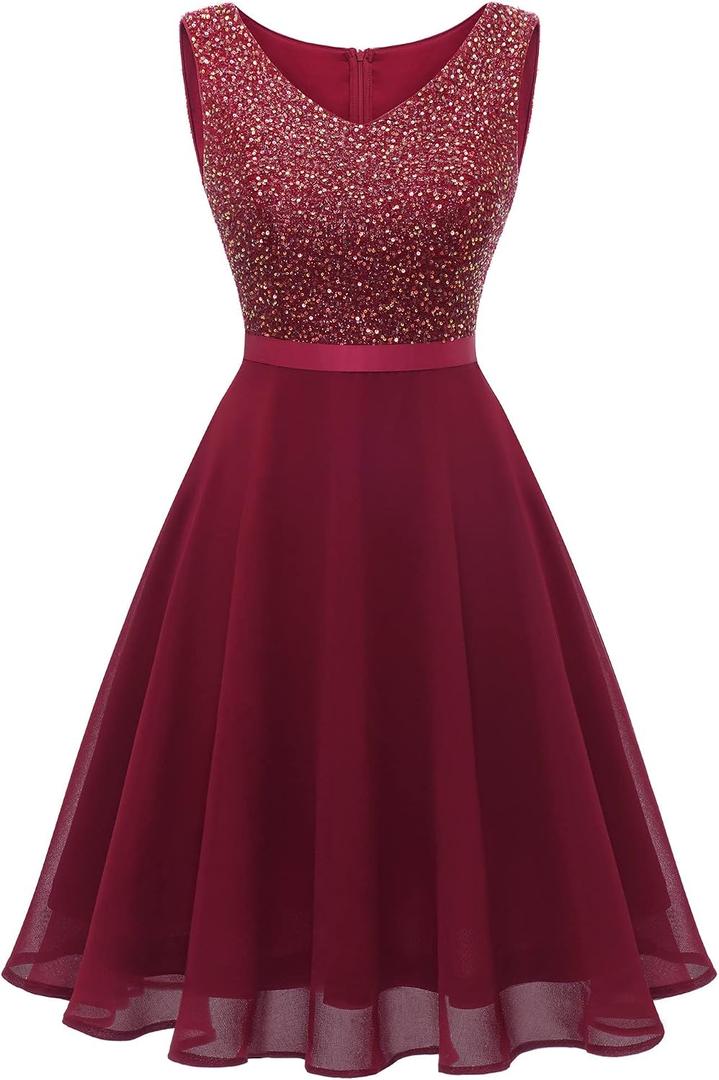 Dressystar 2026 Women's V Neck Short Sequin Prom Dress Glitter A-line Swing Cocktail Party Dresses Knee Length (XS)