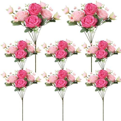 Ovveroche 8 Pack Pink, Hot Pink Peonies Artificial Flowers, Fake Silk Hydrangea Bouquet for Bridal Wedding Home Table Decor Reusable Dining Opening Ceremony Birthday Arrangement Faux Floral