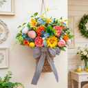 Pinkpuii Spring Summer Door Hanger Basket Wreaths for Front Door, Artificial Peony Hydrangea Flower Wreath with Blueberries & Realistic Peach & Lemon- Ideal for Home Porch Entryway Window Wall Decor
