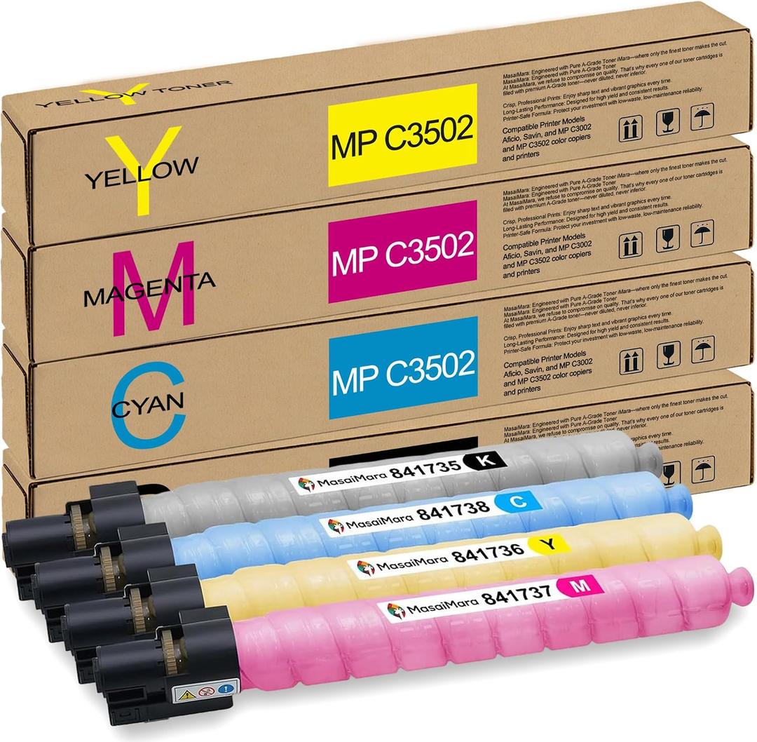 MasaiMara MP C3502 MP C3002 High Capacity Compatible Toner Cartridges Replacement for Ricoh Aficio Savin MP C3502 MP C3002 Color copiers Printer (Black, Cyan, Magenta, Yellow, 4 Pack)