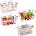 4 PCS Hanging Kitchen Baskets For Storage Adhesive Sturdy Small Wire Storage Baskets with Kitchen Food Pantry Bathroom Shelf Storage No Drilling Wall Mounted (Rose Gold-4 Pack)