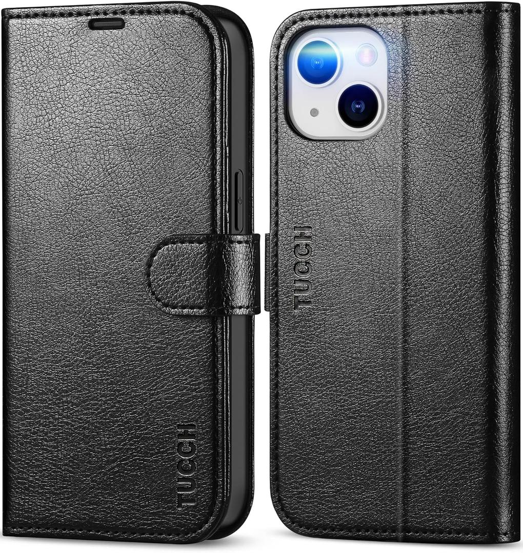 TUCCH Wallet Case for iPhone 13 5G 6.1-inch, [TPU Shockproof Inner Shell], PU Leather [RFID Blocking] Card Holder Magnetic Stand Protective Cover Compatible with iPhone 13 6.1" 2021, Textured Black