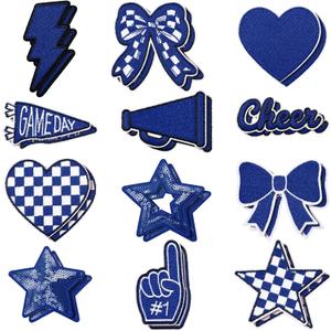 Glitinsel 24 Pcs Blue Game Day Cheer Patches Iron on Embroidered Football Patches Sew on Appliques for Hats Backpacks Clothes Football Enthusiasts Team Fans DIY Cratfs(Game Day)