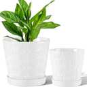 Ceramic Planter,5+6 Inch Ceramic Flower Pots with Drainage Hole&Tray,Embossed Seashell Design Plant pots,Planters for Indoor Plants Succulent Cactus,Flower Pot Home Decor-Set of 2,White