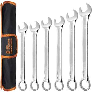 Large Wrench Set with Rolling Pouch, SAE, 6-Piece, 15/16, 1, 1-1/16, 1-1/8, 1-3/16, 1-1/4, 12 Point, Chrome Vanadium Steel