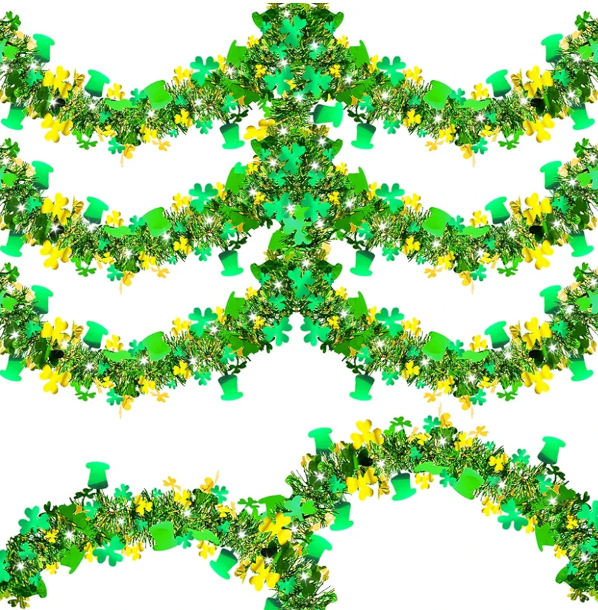 66 FT St Patricks Day Tinsel Garland Gold Green Shamrock Hat Garland Decorations, Shiny Metallic Hanging St. Patrick's Day Decors for Home Indoor Outdoor Party Supplies