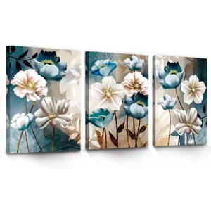 SERIMINO 3 Piece Lotus Flower Canvas Wall Art for Living Room, Blue Floral Picture Wall Decor for Dining Room Bedroom, Art Print Painting for Home Decorations 12"X16" (16L" x 12W", White and Indigo Blue Lotus)