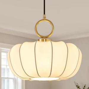 Farmhouse White Lantern Pendant Light,13" White Imitation Silk Lampshade,Adjustable Cord Modern Light Fixture Chandelier for Dining Room Kitchen Island Bedroom Entryway Hallway E26 Base