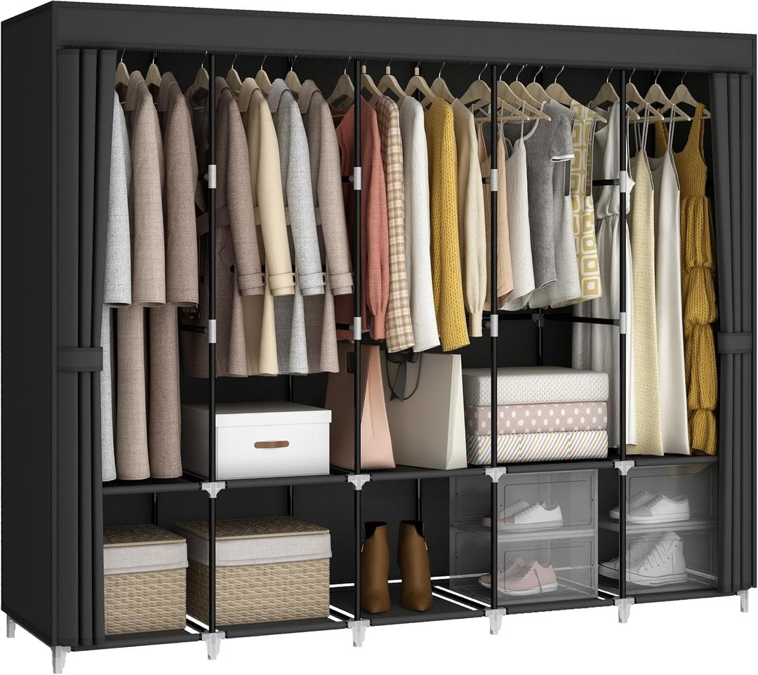 MOGELAFOO 83 Inch Wide Portable Closet Wardrobe, Clothes Storage Rack Organizer with Cover, 5 Clothes Hanging Rods and 10 Storage Shelves, Black, 83"W x 18"D x 66"H