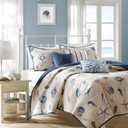 Madison Park Quilt Set Cottage Coastal Design, Starfish Print - All Season, Coverlet Bedspread Lightweight Bedding Layer, Shams, Toss Pillows, Full/Queen(90"x90"), Bayside Blue/Ivory 6 Piece