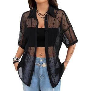 Avanova Women See Through Mesh Button Down Top Half Sleeve Collared Shirt Blouse (Small, Black Dots)