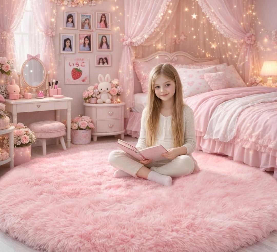 Pink Fluffy Round Rug 5Ft for Girls Bedroom Decor Aesthetic, Shaggy Circle Area Rugs for Kids Room Living Room, Cute Fuzzy Carpet for Nursery, Dorm, Classroom, Teen, Princess, Comfy Baby Playroom Rug