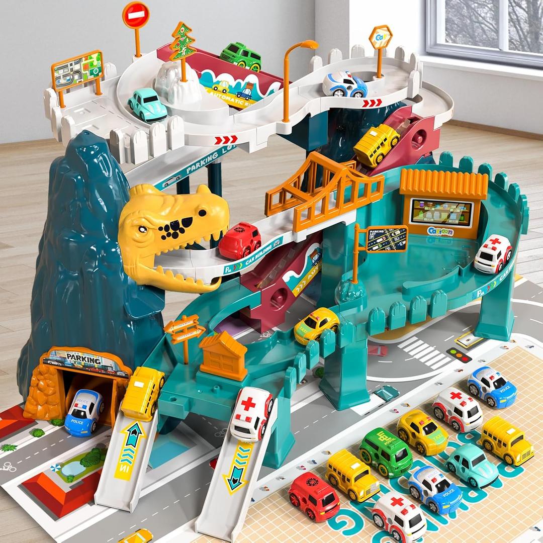 Dinosaur Race Track Playset for Boys Kids 3-5, Dinosaur Climbing Hills Car Track Play Set with 10 Mini Racer Cars, Birthday Gift for 3 4 5 6 7 8 Year Old Boys Girls
