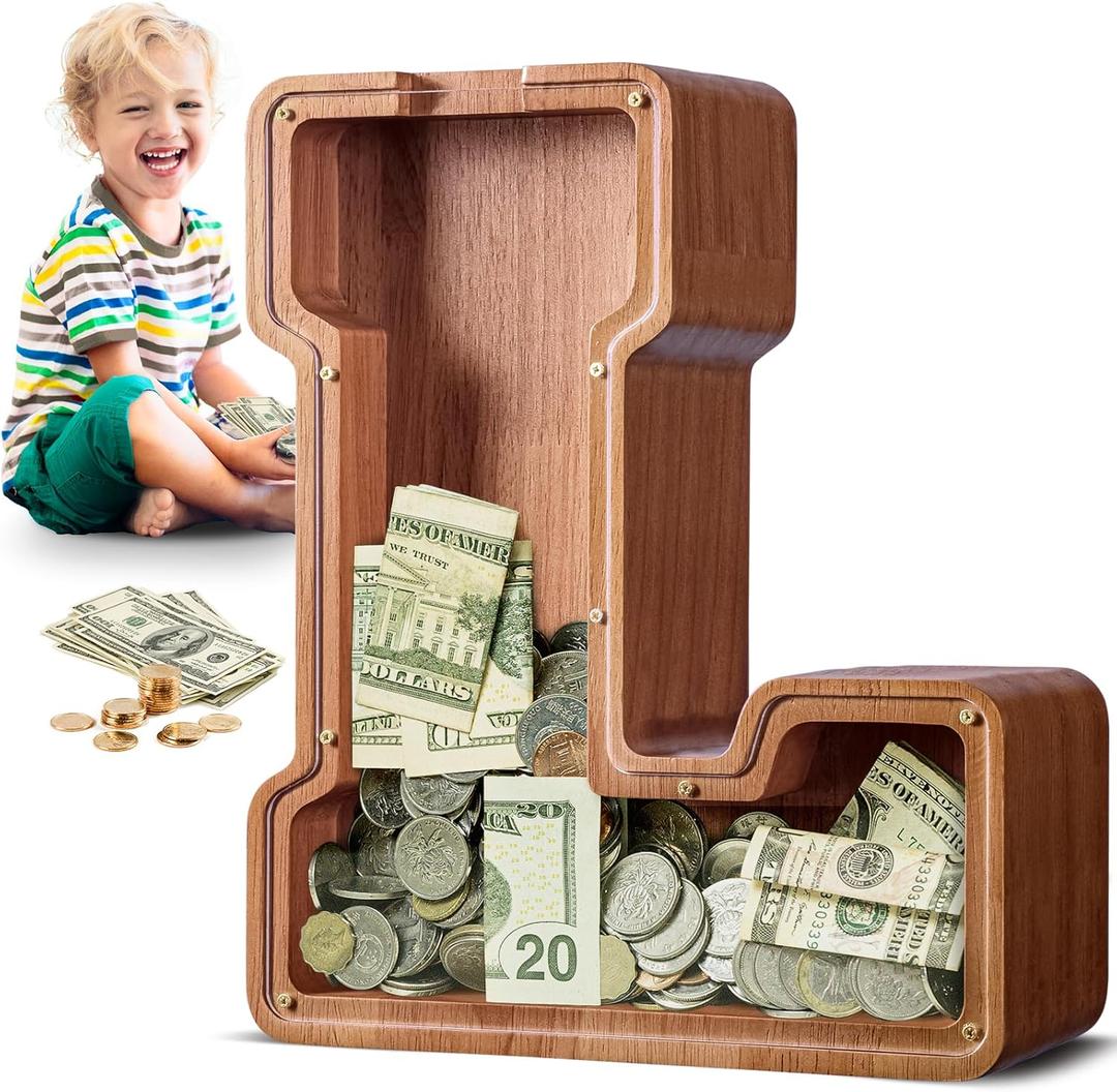 Summidate Large Wooden Piggy Bank for Kids Adults, Alphabets Letter A-Z Piggy Bank for Boys Girls, Coins Bills Change Bank Box Personalized Initial Name Kids Money Bank for Birthday Present and Decor