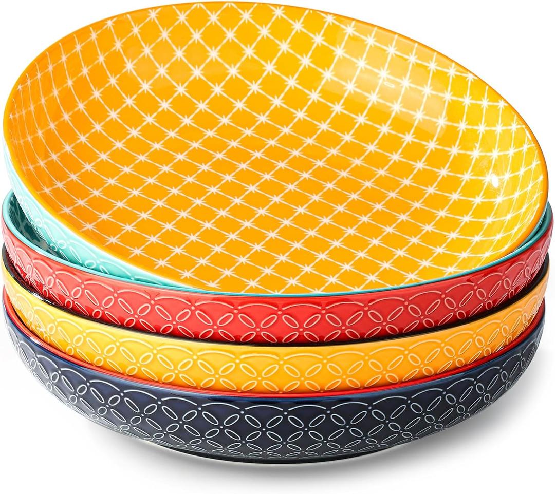 DOWAN 10" Vibrant Pasta, Salad & Soup Serving Bowls Set of 3, Embossed Large Porcelain Ceramic, Microwave & Dishwasher Safe, Bonita Design Dinnerware Dishes for Daily Dining, Family Gatherings, Party