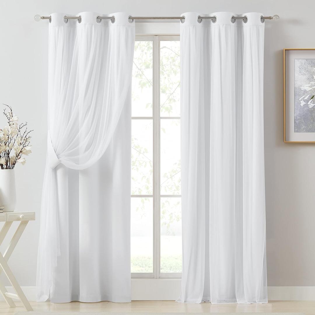 Bujasso White Full Blackout Curtain Panels with Sheer Overlay Mix and Match Double Layer Thermal Insulated Window Treatment Set for Living Room White Drapes with Tiebacks Grommet Top 37" Wx84 Lx2