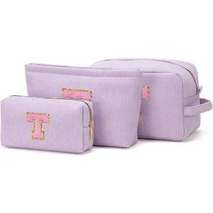 Makeup Bag Cosmetic Bag for Girls with Initial Letter Patch 3 Pieces Corduroy Travel Toiletry Make Up Brush Bag Pounch Organizer Preppy Things Cute Stuff Gifts for Teen Girls (Lavender T)