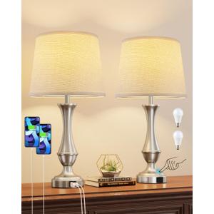 Seealle Upgraded Touch Lamps for Night Stands Set of 2 - Bedside Lamps with USB C+A, 3 Way Dimmable for Bedroom Living Room End Tables Office (Weaving White&Silver)