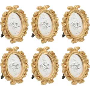 PATIKIL 6Pcs Mini Picture Frames, 2.4x1.8 Oval Resin Small Vintage Picture Frames Baroque Decor for Home Wedding Jewelry Display Hotel Decor Wall Art, Gold