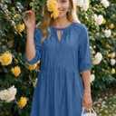 Dokotoo Denim Dress for Women Short Puff Sleeve V Neck Solid Babydoll Jean Dresses