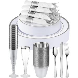 Goodluck 320 PCS Silver Disposable Plastic Dinnerware Set for 40 Guests, Include 40 Dinner Plates, 40 Dessert Plates, 40 Napkins with Silverware, 40 Cups, 40 Champagne Glasses, for Christmas, Wedding